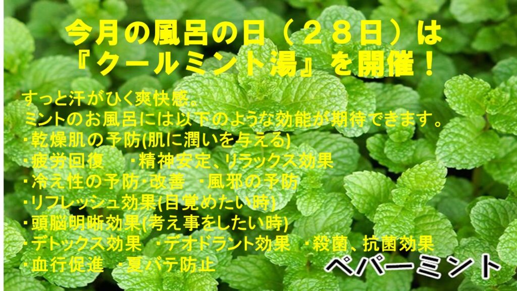 6月の風呂の日は28日 火 クールミント湯 ベルズイン前橋news 6月の風呂の日は28日 火 クールミント湯 ベルズイン前橋news